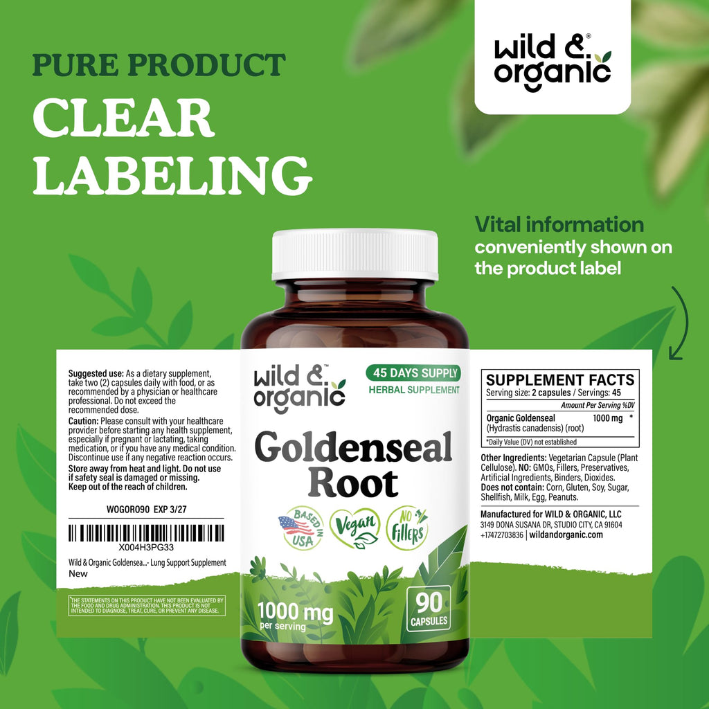 Goldenseal root supplement bottle highlighting one thousand milligrams serving