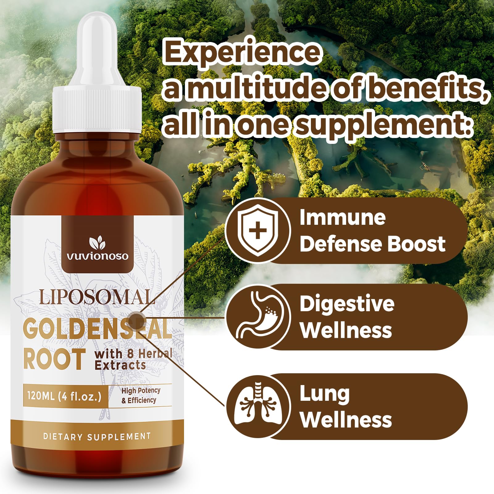 Vuvionoso Goldenseal Root Extract liquid dropper mechanism demonstrating clean sublingual application style.