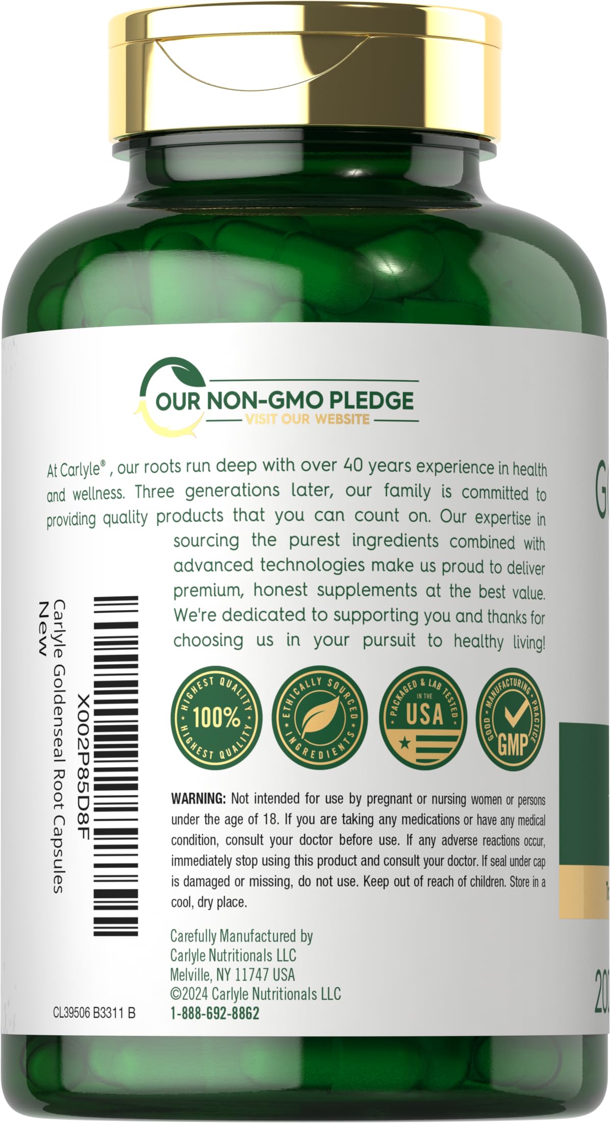 Back label of Carlyle goldenseal root capsules showing non-GMO and gluten-free dietary information