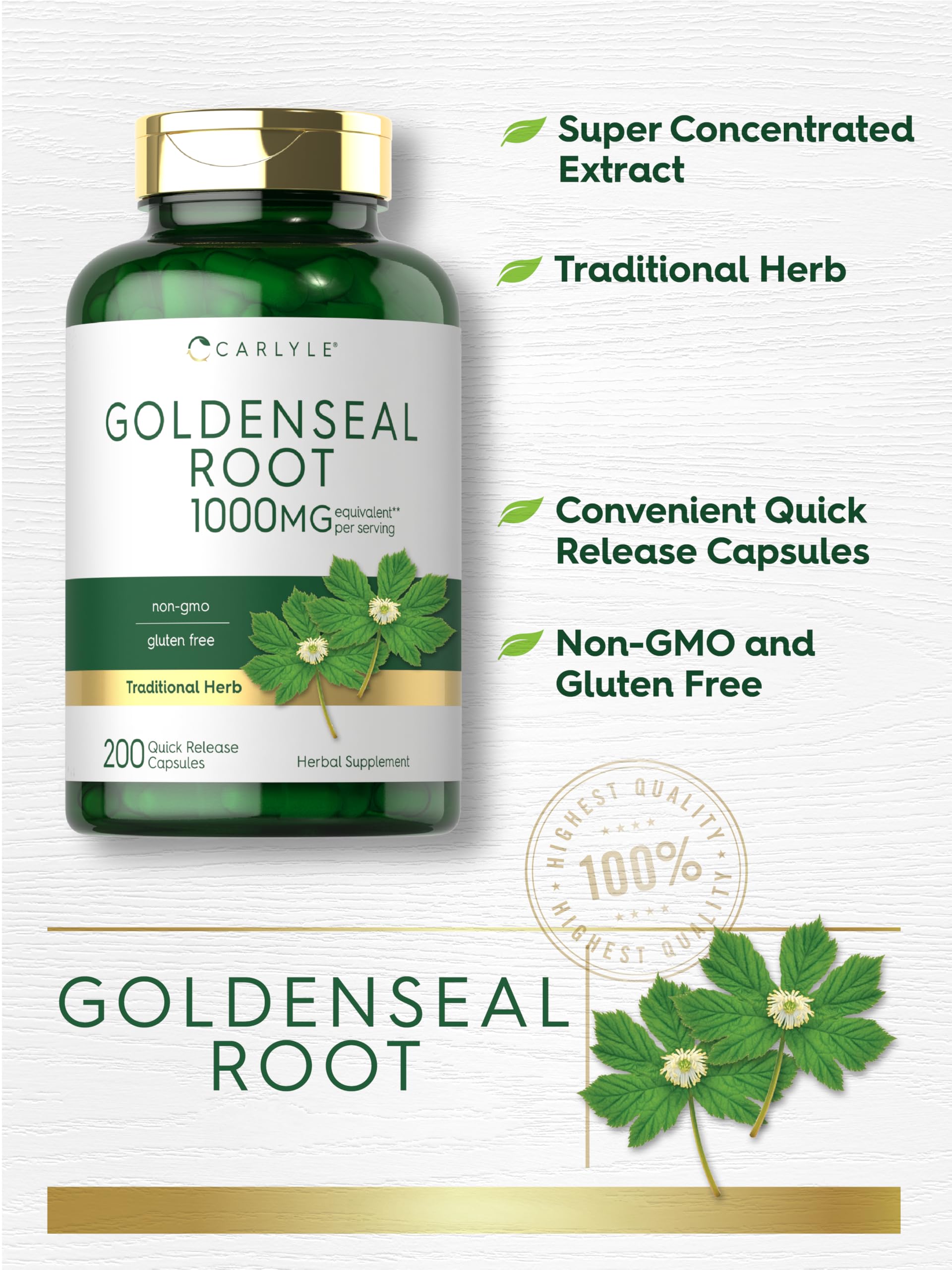 Supplement facts and dosage instructions for Carlyle goldenseal root 1000mg traditional herb