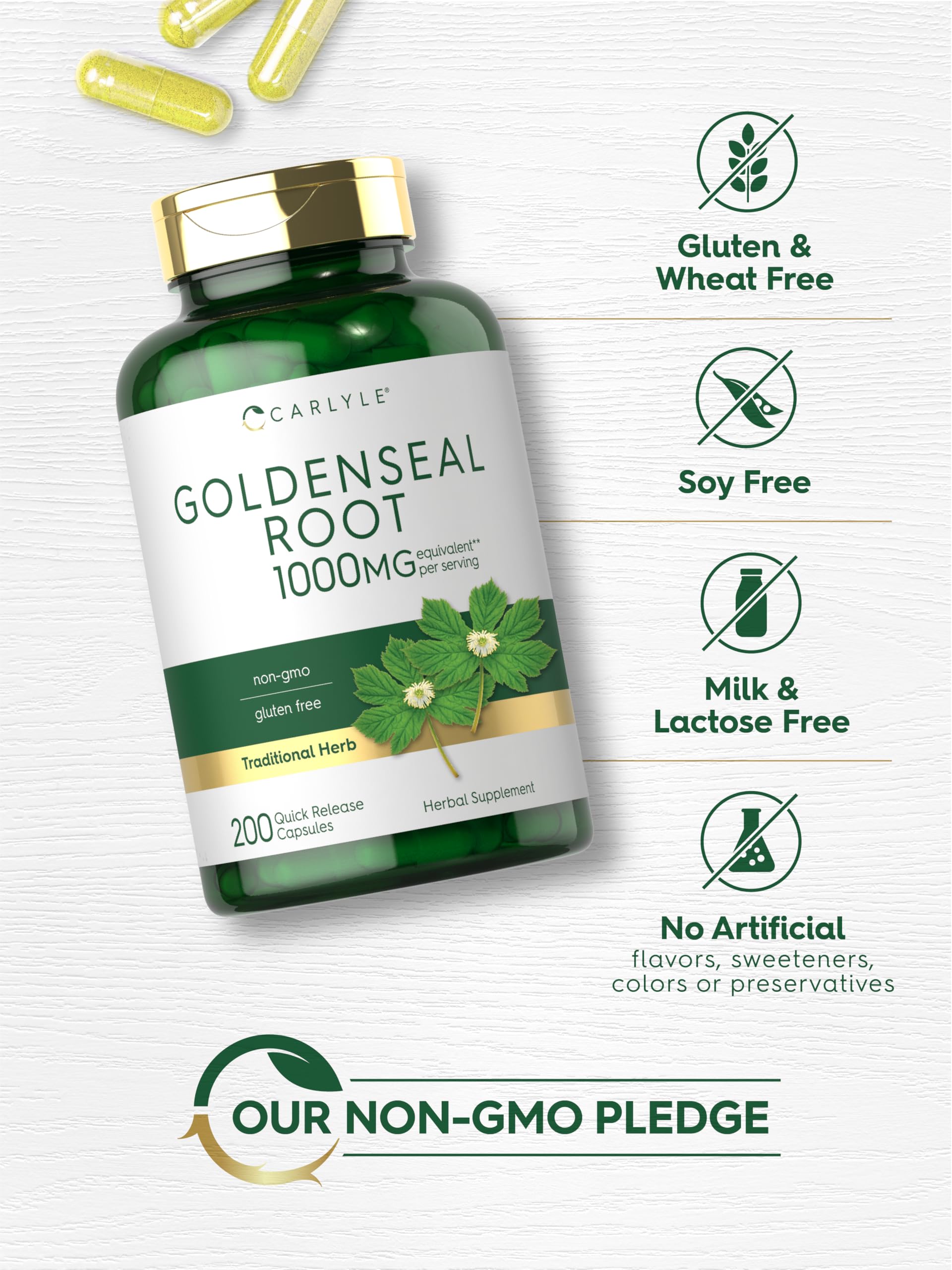 Authentic Carlyle brand goldenseal root capsules imported container showing product authenticity details