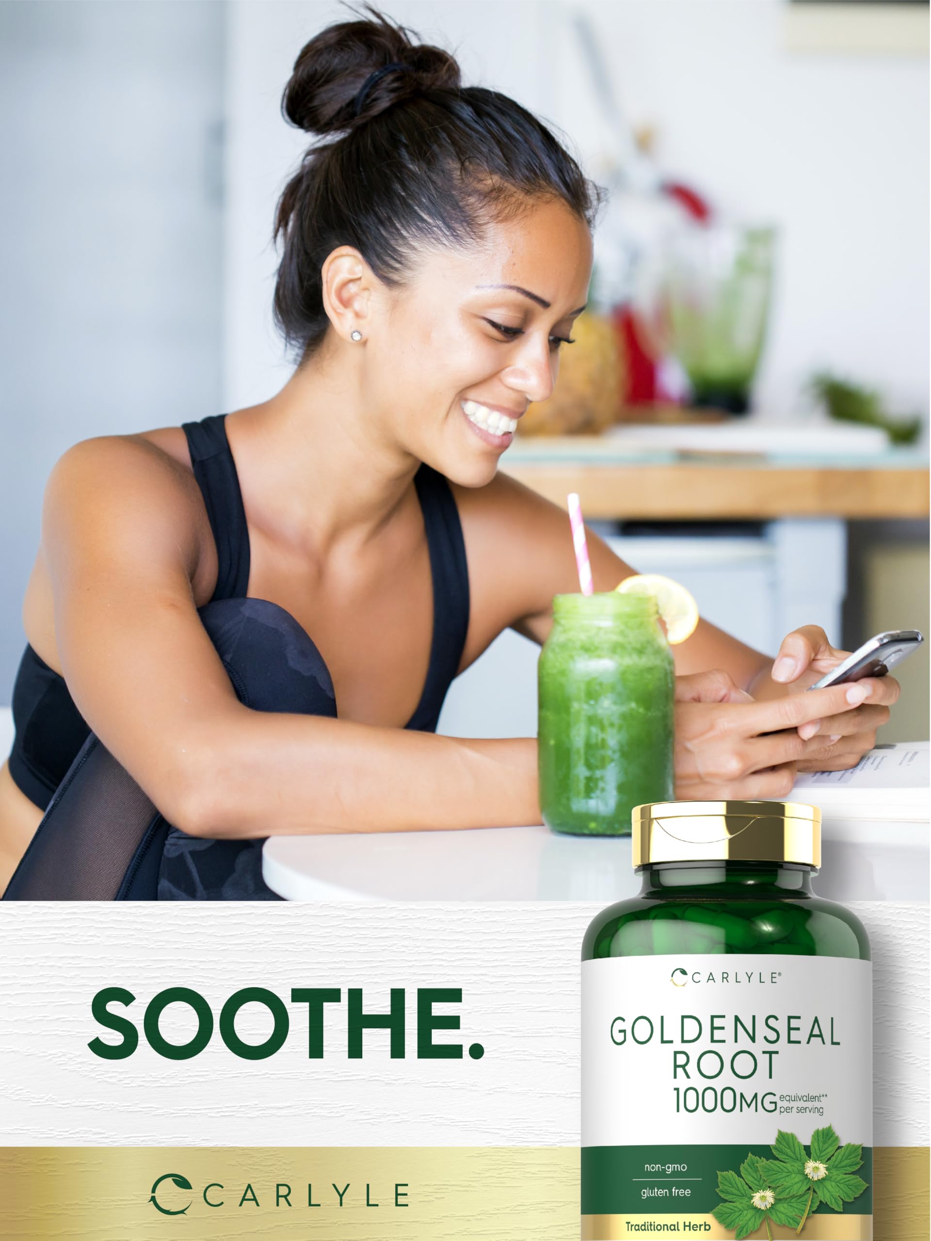 Side layout of Carlyle goldenseal root 200 count bottle highlighting clean botanical ingredients