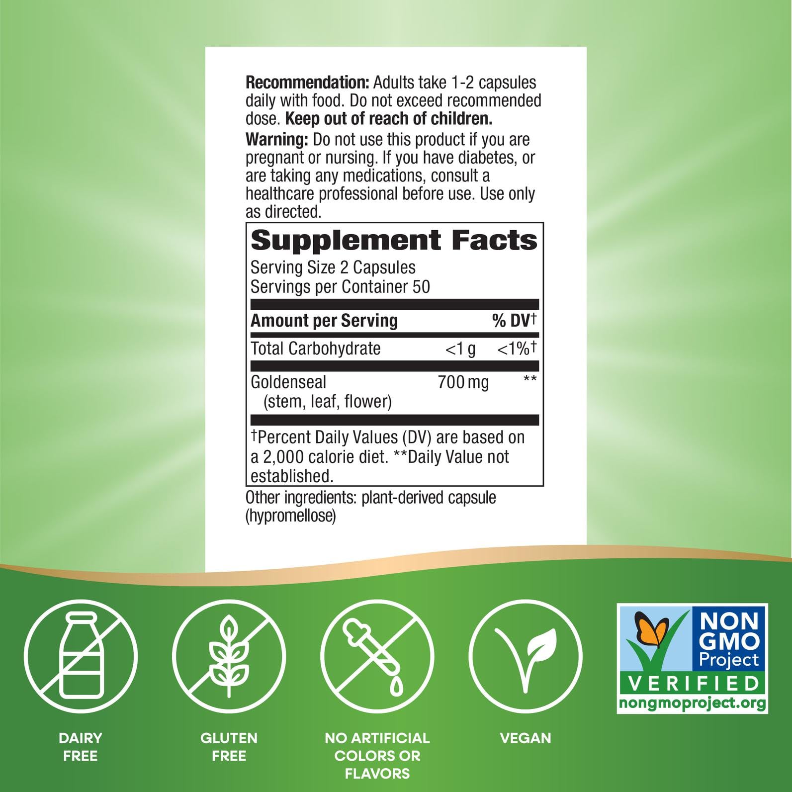 Nature's Way Goldenseal supplement nutritional facts label showing 700 mg per serving ingredients list.