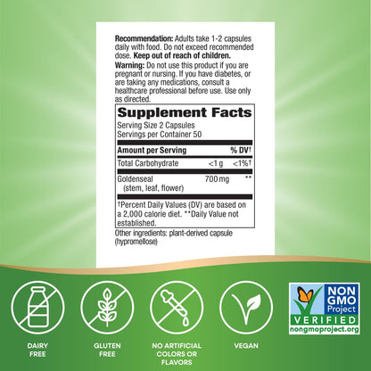 Nature's Way Goldenseal supplement nutritional facts label showing 700 mg per serving ingredients list.