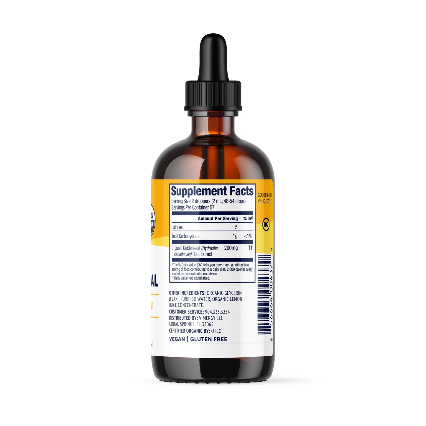 Vimergy USDA Organic Goldenseal herbal supplement 115ml packaging side view