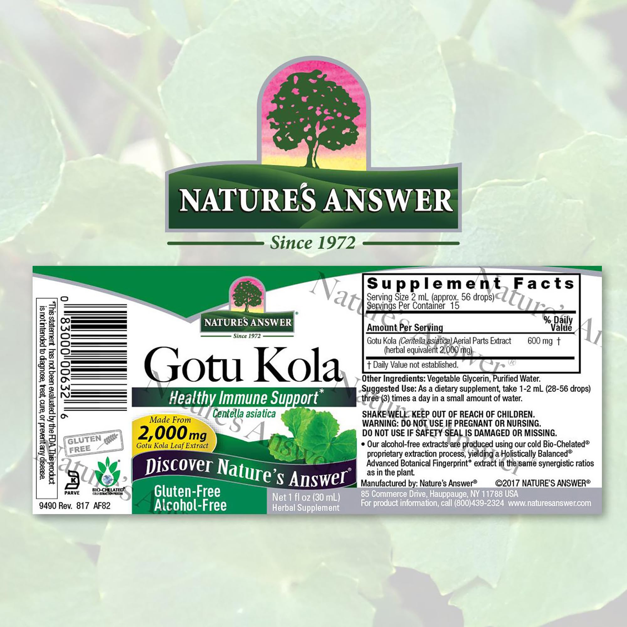 Nature's Answer Centella Asiatica herbal extract dropper bottle showing ingredient facts
