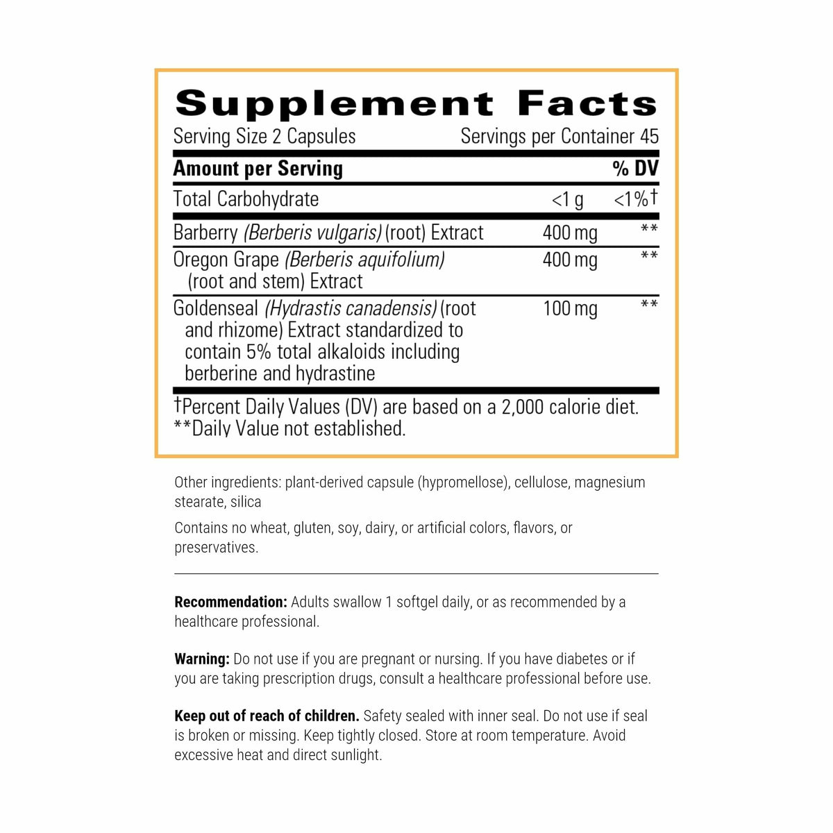 Integrative Therapeutics Berberine supplement facts and ingredient list panel view