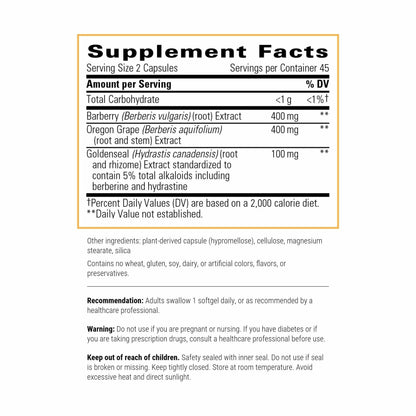 Integrative Therapeutics Berberine supplement facts and ingredient list panel view