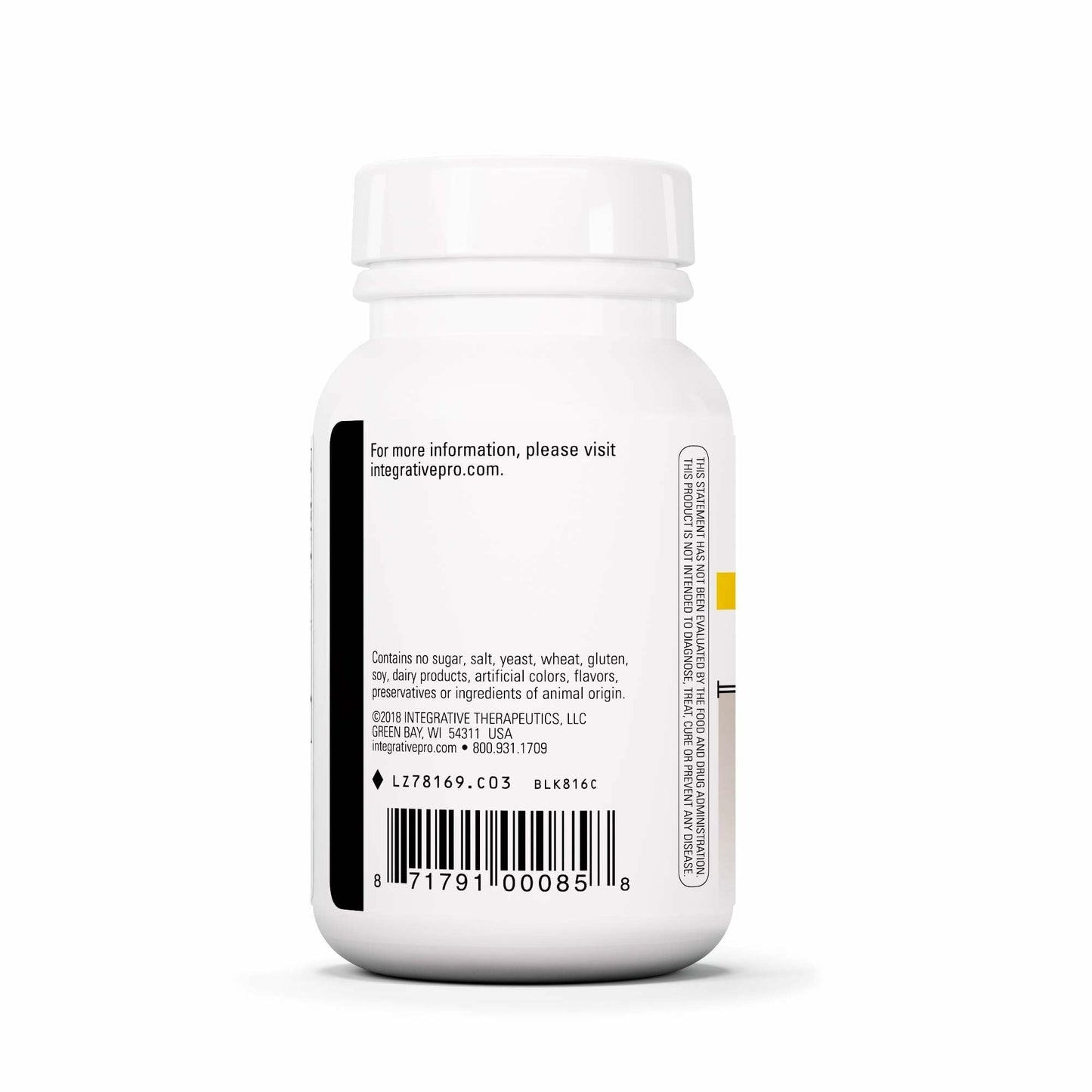 Side view of Integrative Therapeutics digestive health supplement bottle showing usage instructions