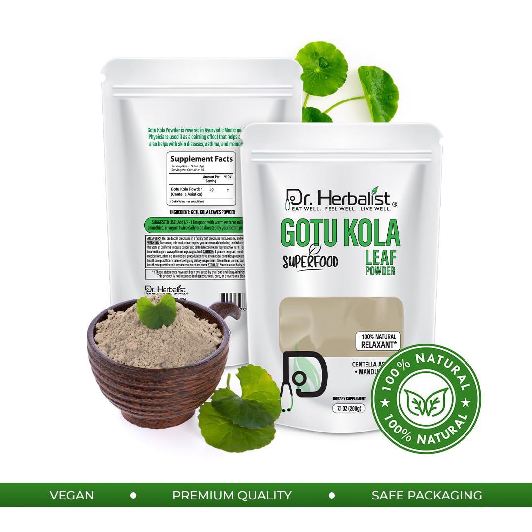 Dr. Herbalist Centella Asiatica leaf powder packaging showcasing pure herbal ingredients