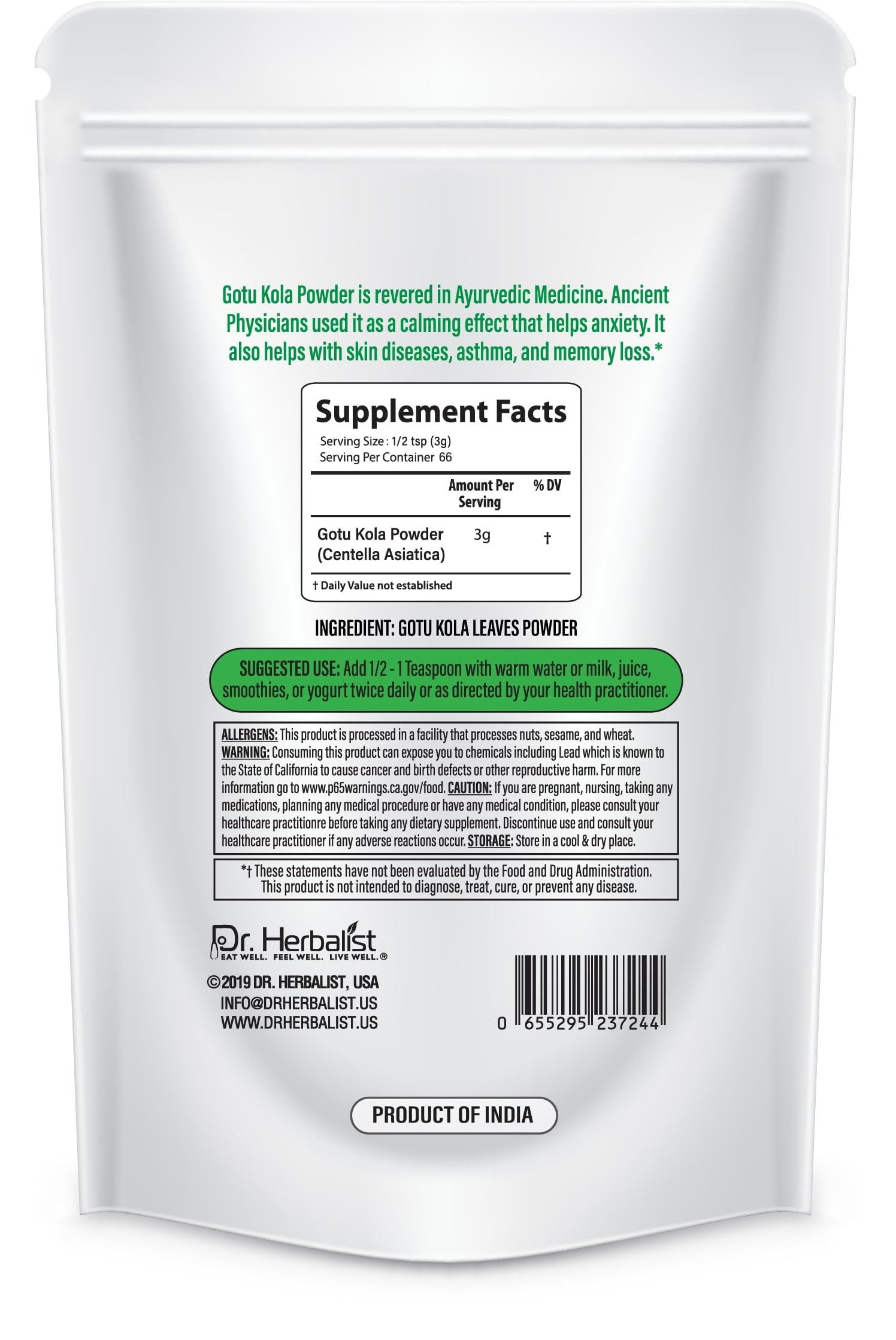 Premium imported Dr. Herbalist Centella Asiatica dietary supplement pouch on a plain backdrop