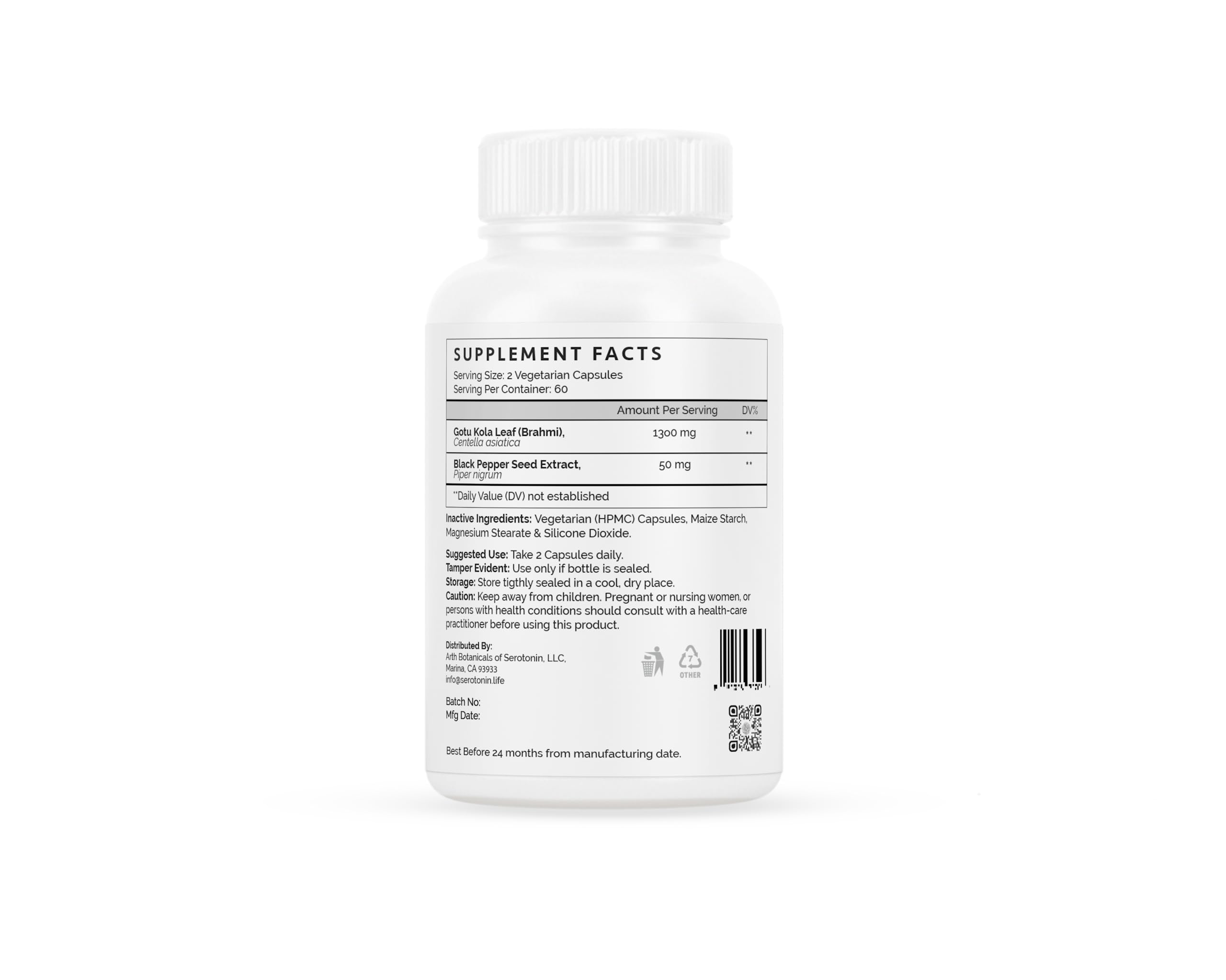 Arth Botanicals Ayurvedic brain health supplement vegan capsules label showing ingredients