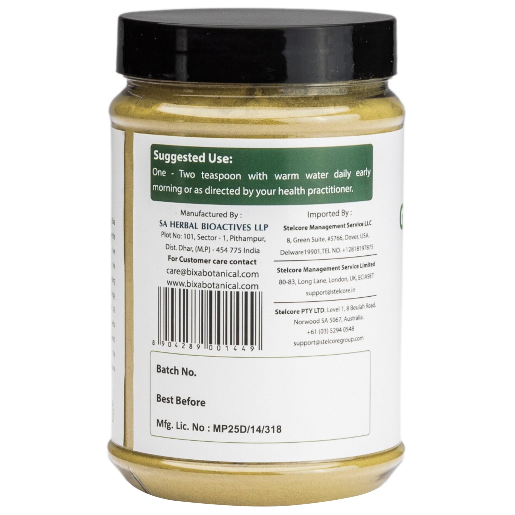 Side angle of seven ounce bottle showing Centella Asiatica herbal powder ingredients and details