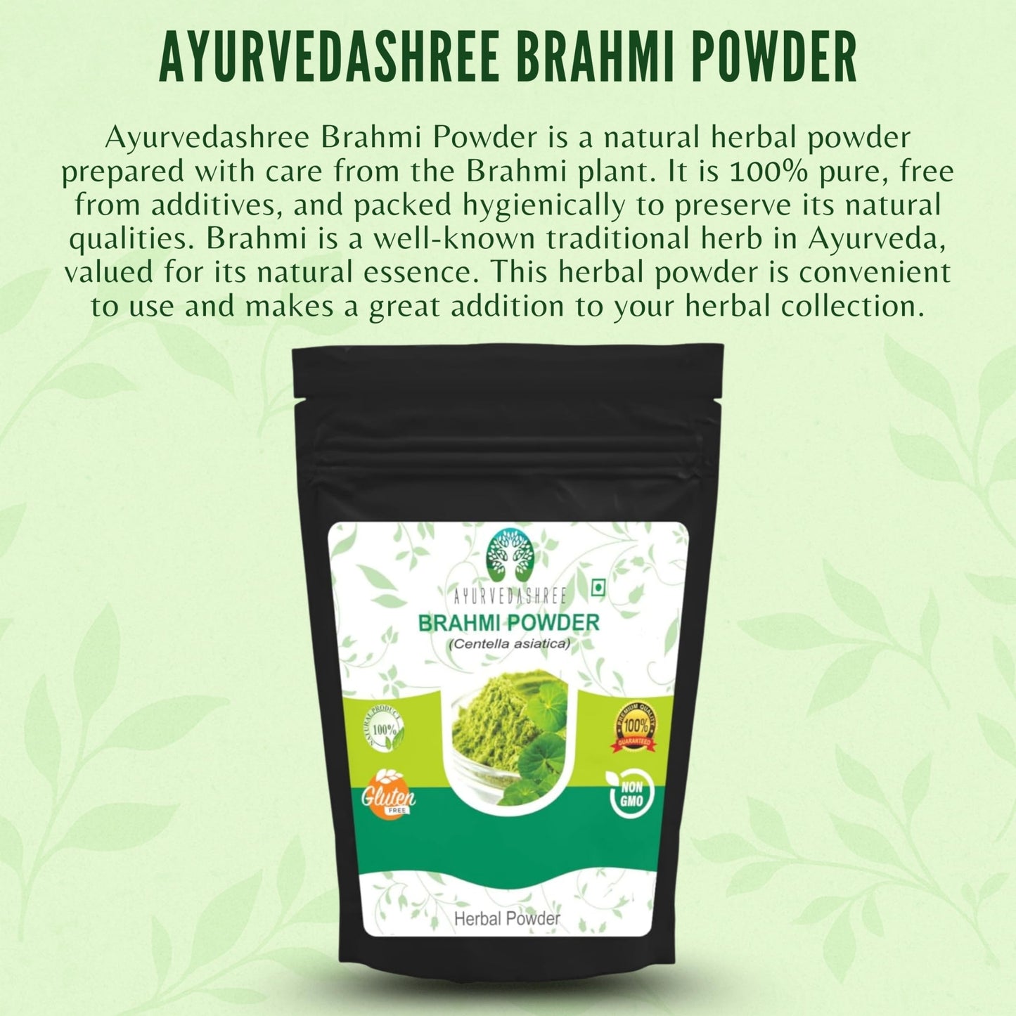 Pure green Gotu Kola herbal powder displayed next to its original packaging