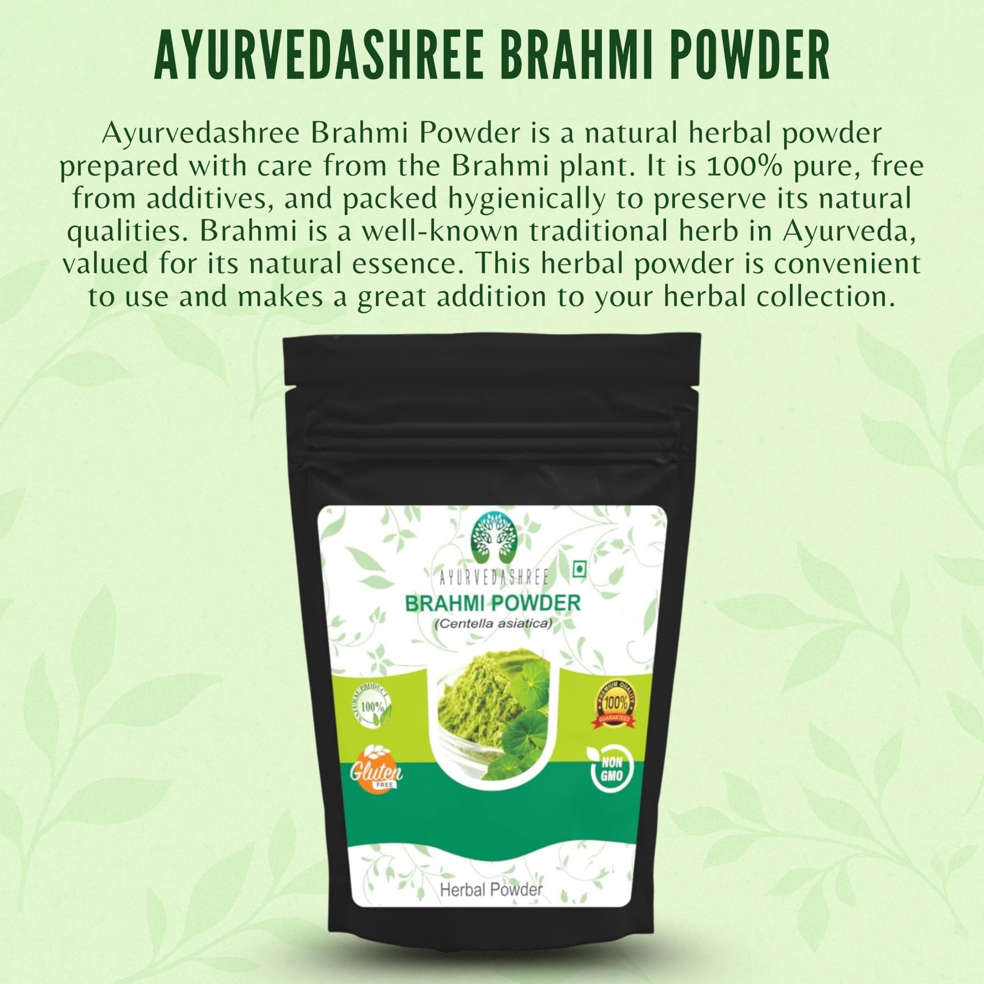 Pure green Gotu Kola herbal powder displayed next to its original packaging