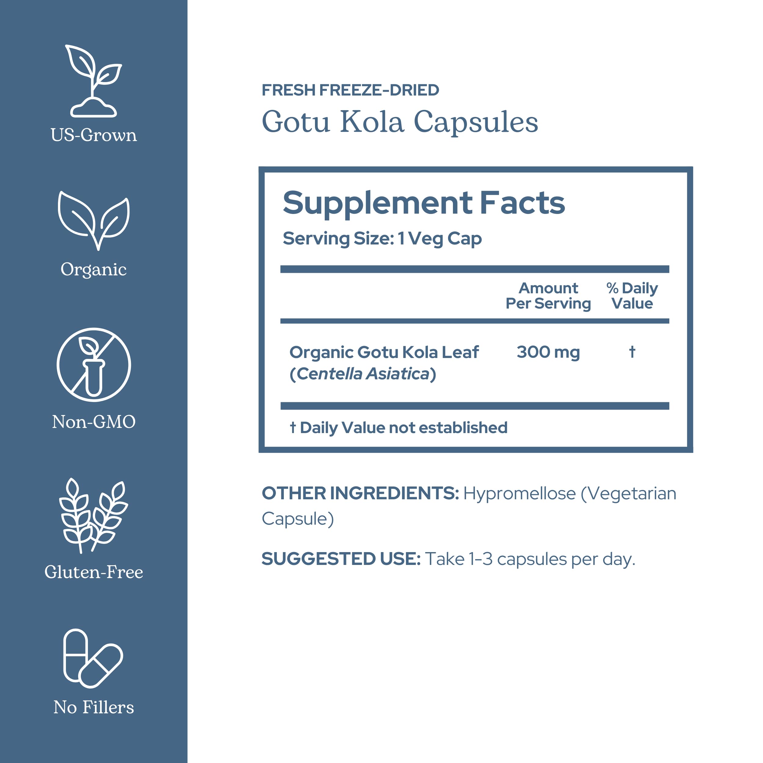 Eclectic Institute freeze dried gotu kola capsules nutritional label and organic ingredient facts