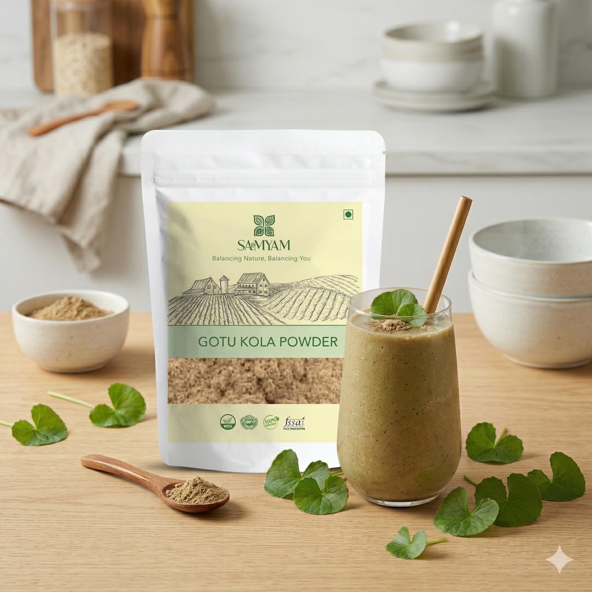 Finely ground pure Centella Asiatica herbal powder displayed next to its resealable packaging