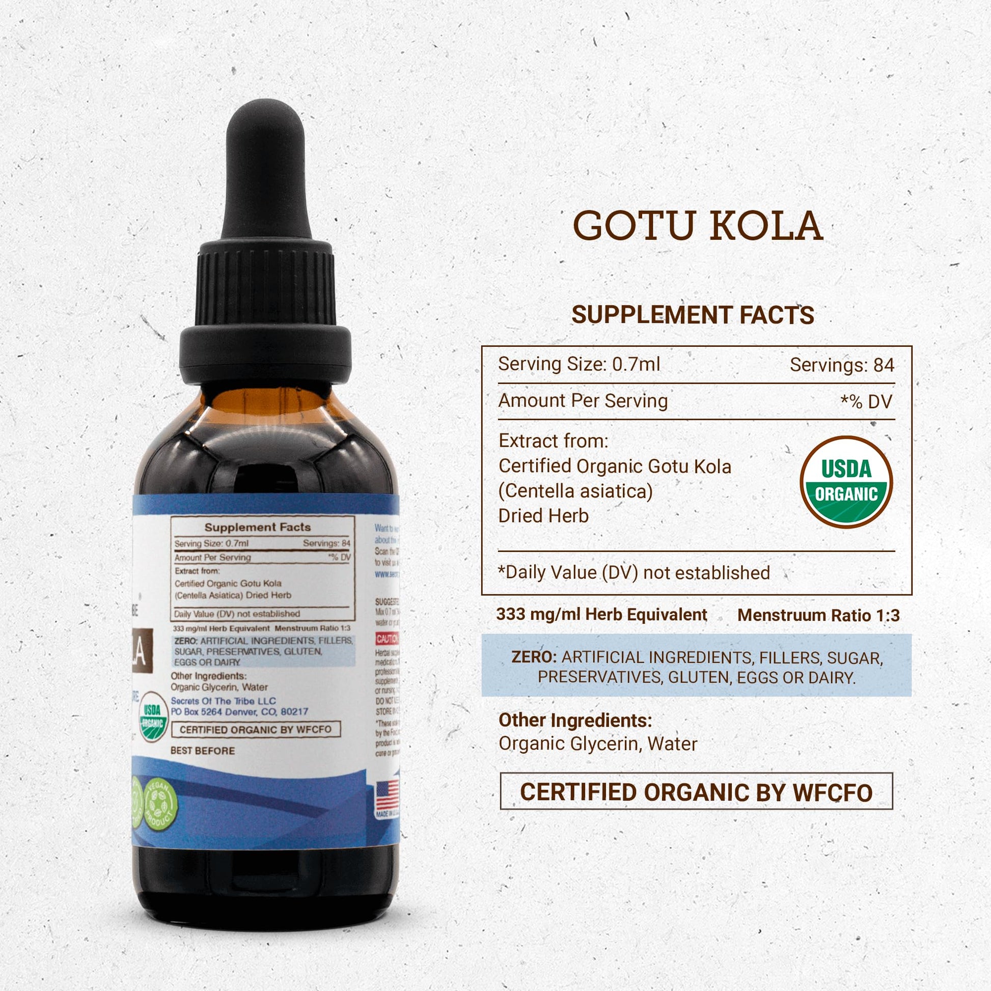 Secrets Of The Tribe herbal supplement bottle showcasing the organic certifications and seals.