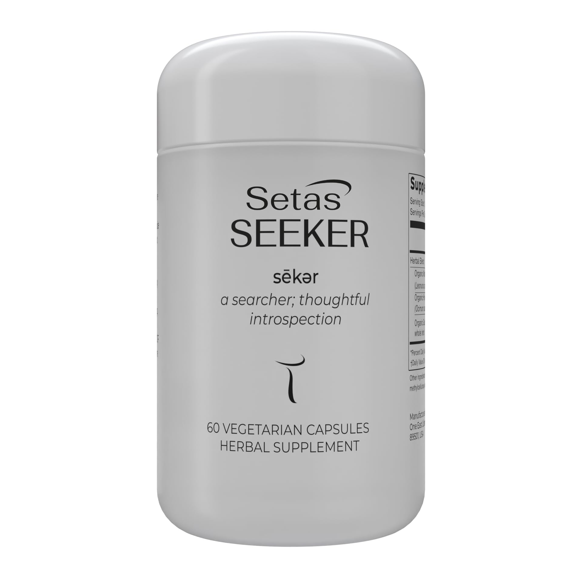 Setas Seeker herbal supplement label details showcasing gotu kola and holy basil ingredients.