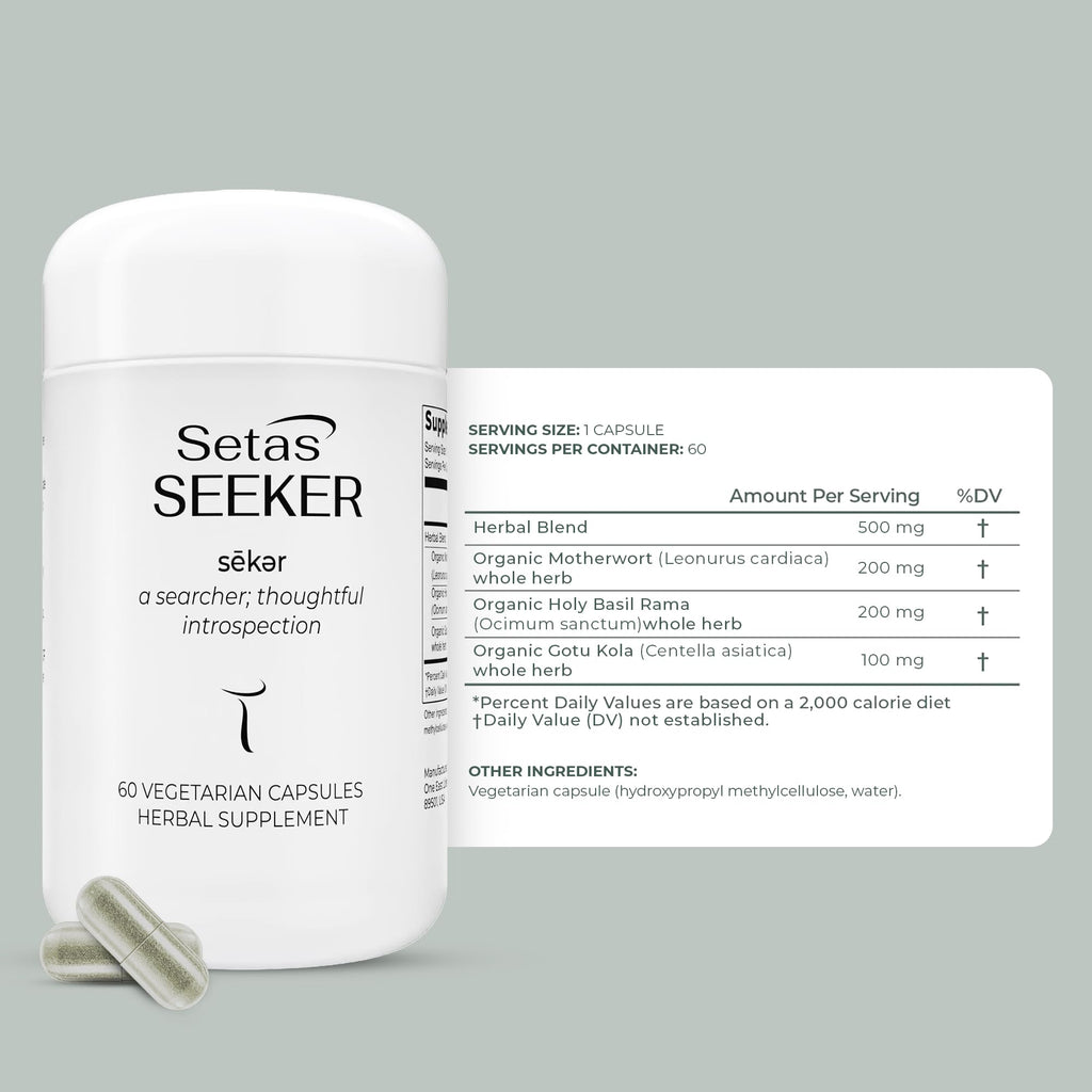 Side profile of Setas Seeker organic wellness supplement bottle for emotional balance.