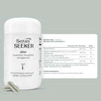 Side profile of Setas Seeker organic wellness supplement bottle for emotional balance.