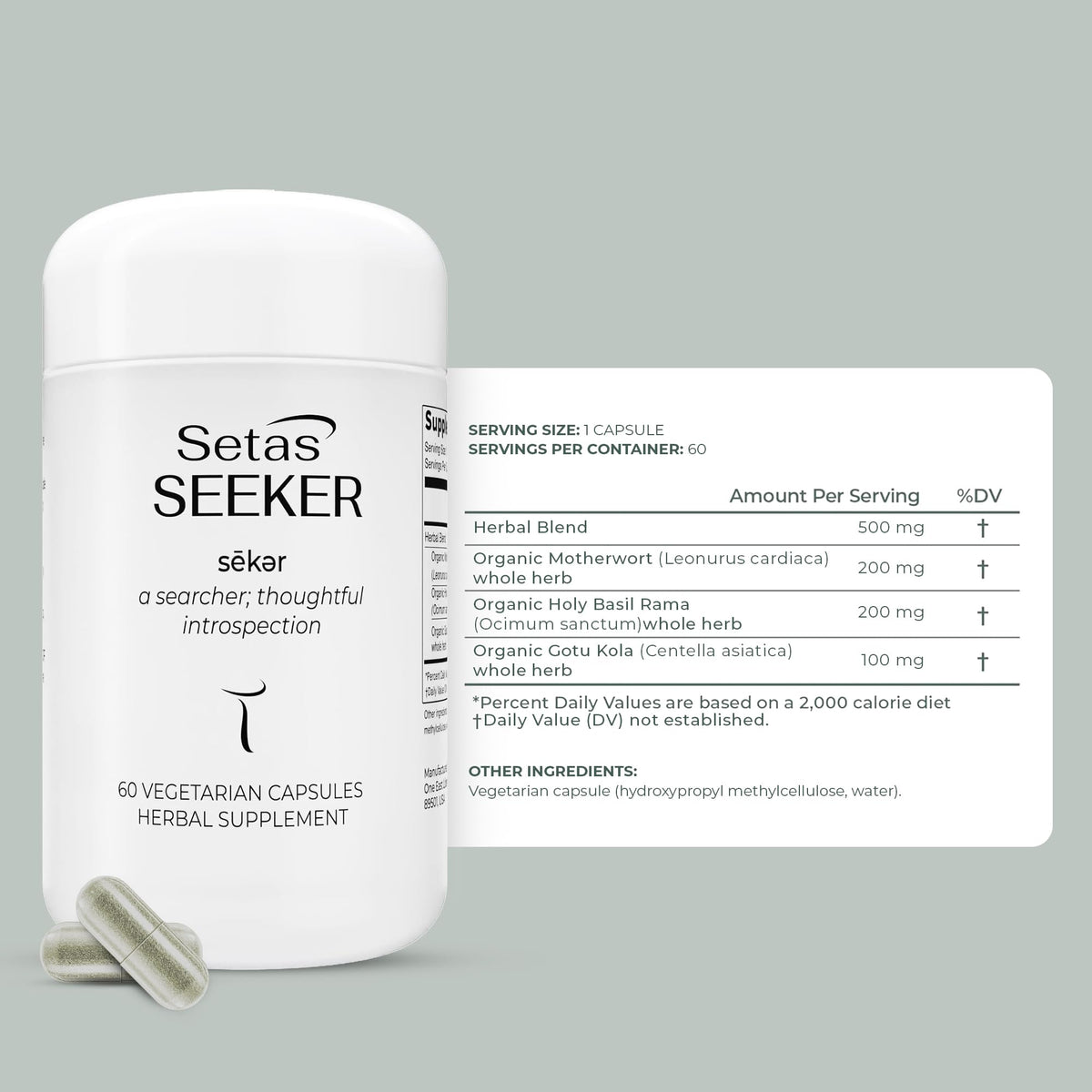 Side profile of Setas Seeker organic wellness supplement bottle for emotional balance.