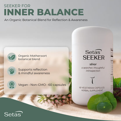 Authentic Setas Seeker dietary supplement packaging highlighting mindfulness and introspection benefits.