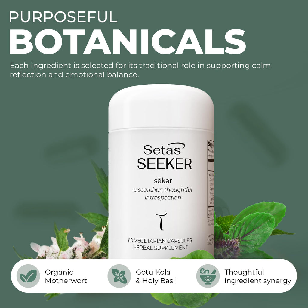 Back label view of Setas Seeker capsules showing nutritional information and directions.