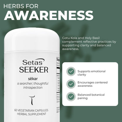 Setas Seeker premium imported USA supplement container resting on a clean surface.