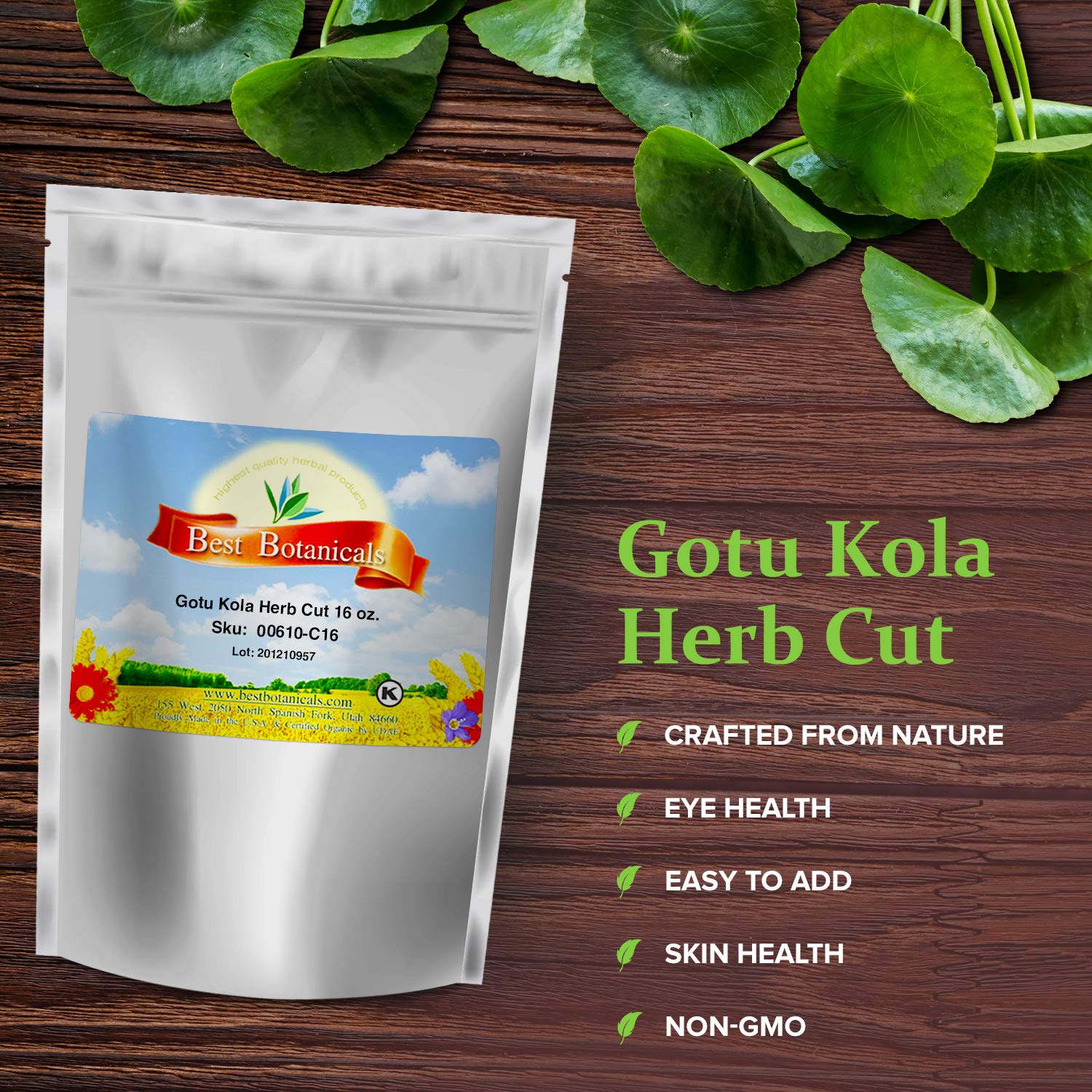 Best Botanicals Brahmi Mandukaparni loose cut herb texture close up view showing clean processing.