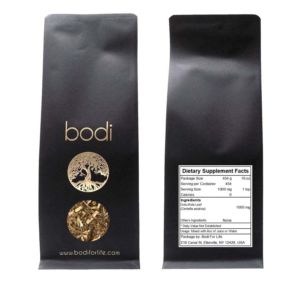 Back side of bodi gotu kola powder packaging with ingredients and safety seals