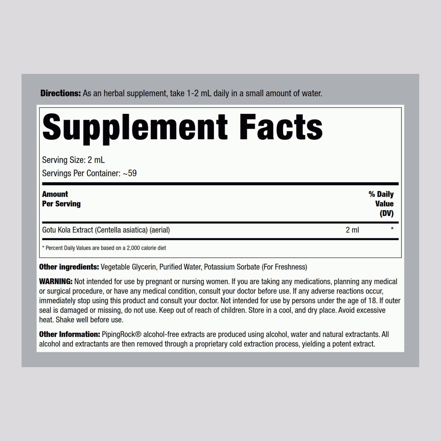 Piping Rock Centella asiatica liquid herbal supplement bottle back label showing ingredients