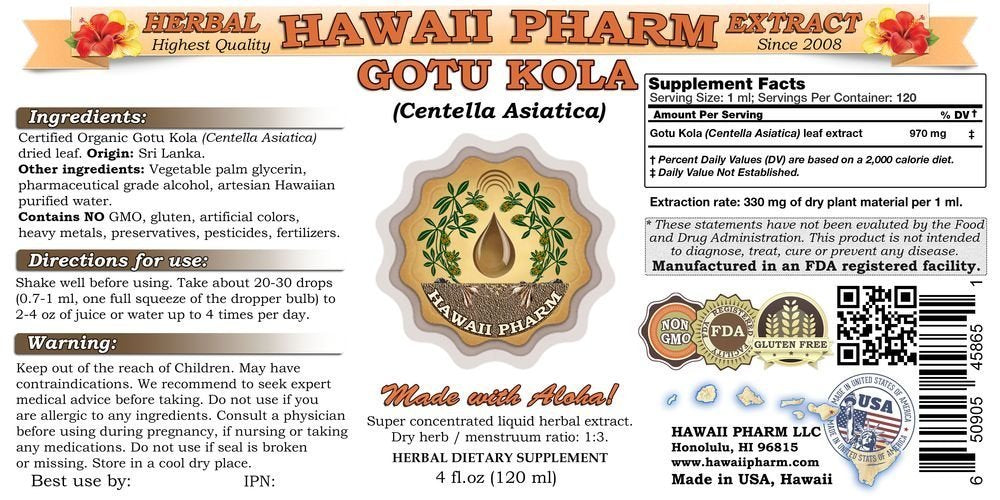 Hawaii Pharm Centella Asiatica alcohol free tincture label details