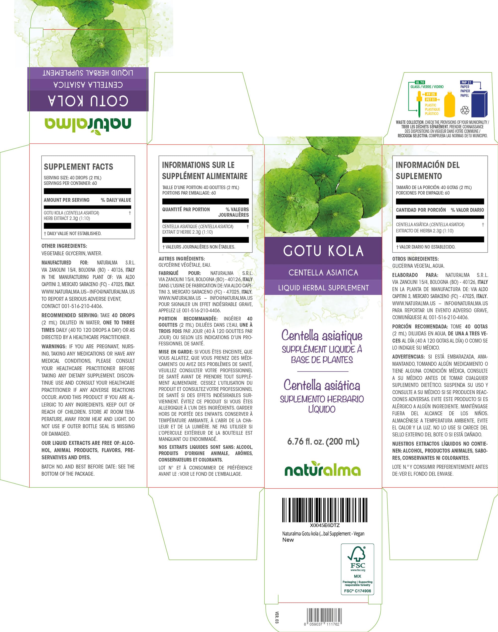 Naturalma Centella Asiatica alcohol free supplement dropper bottle side view