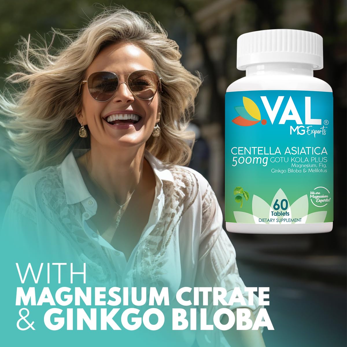 VAL Centella Asiatica plus magnesium citrate supplement bottle showcasing key ingredients list