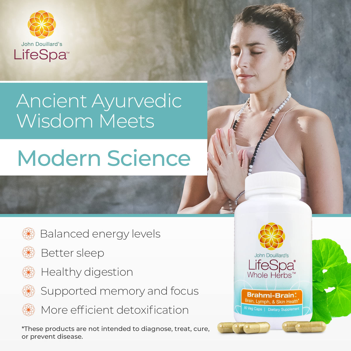 Back label of Doctor John Douillard LifeSpa Brahmi Brain capsules detailing full spectrum herb formula