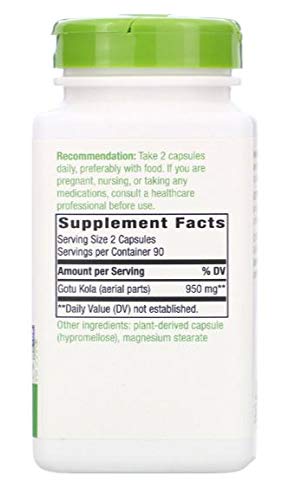 Nature's Way Gotu Kola vegetarian capsules nutritional facts label detailing ingredients and serving size.