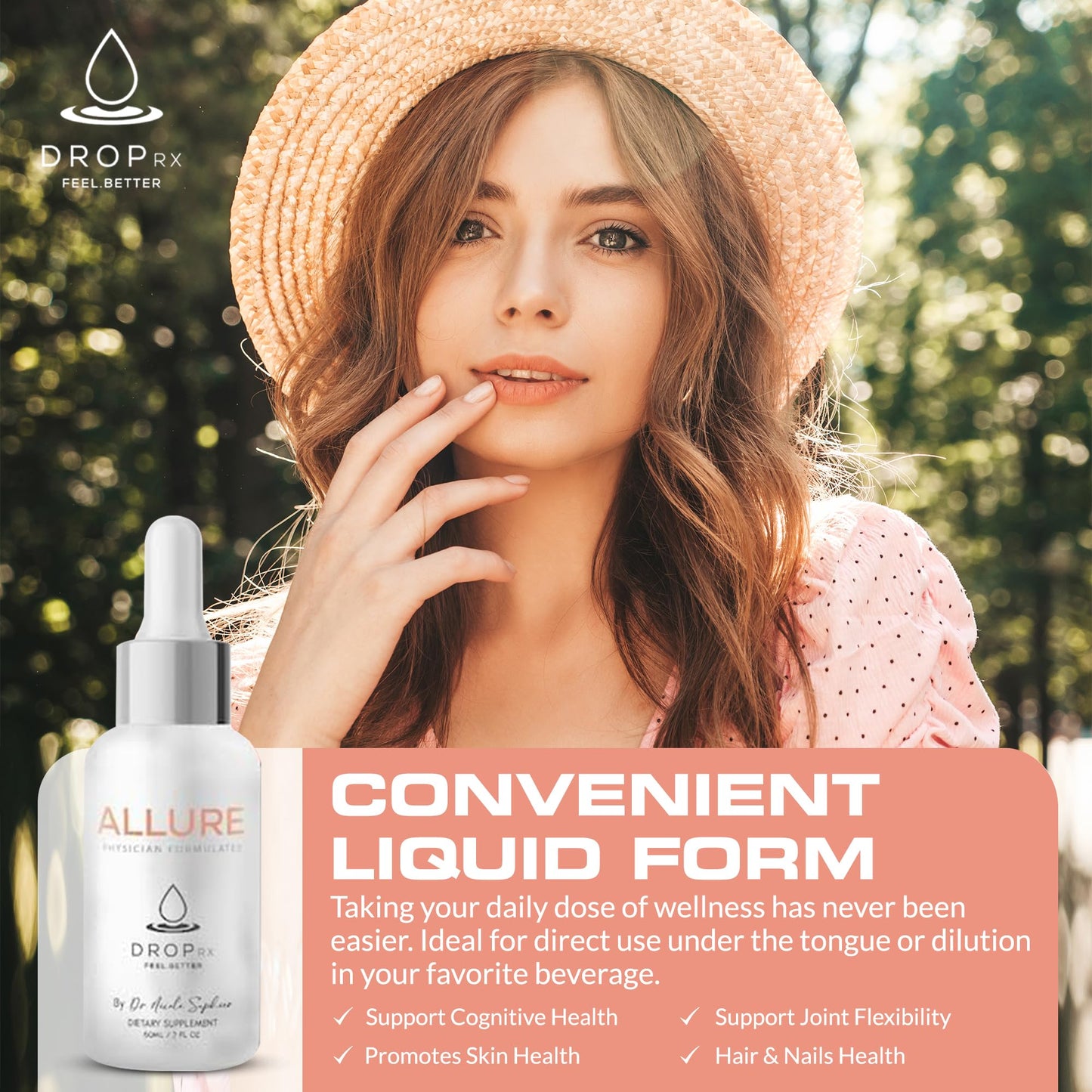 Drop Rx Allure 2 fluid ounce bottle showing ingredient facts and organic certifications.