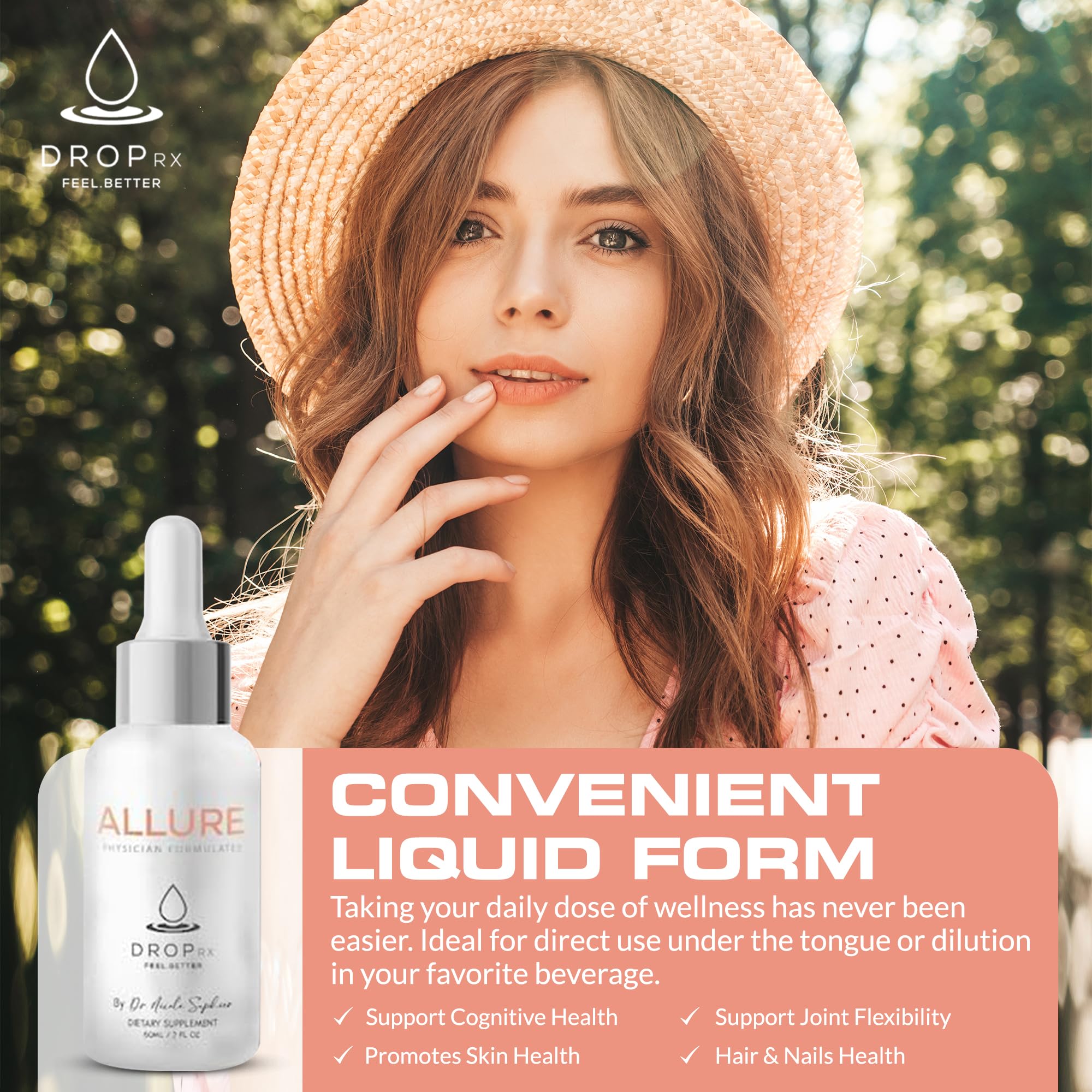 Drop Rx Allure 2 fluid ounce bottle showing ingredient facts and organic certifications.