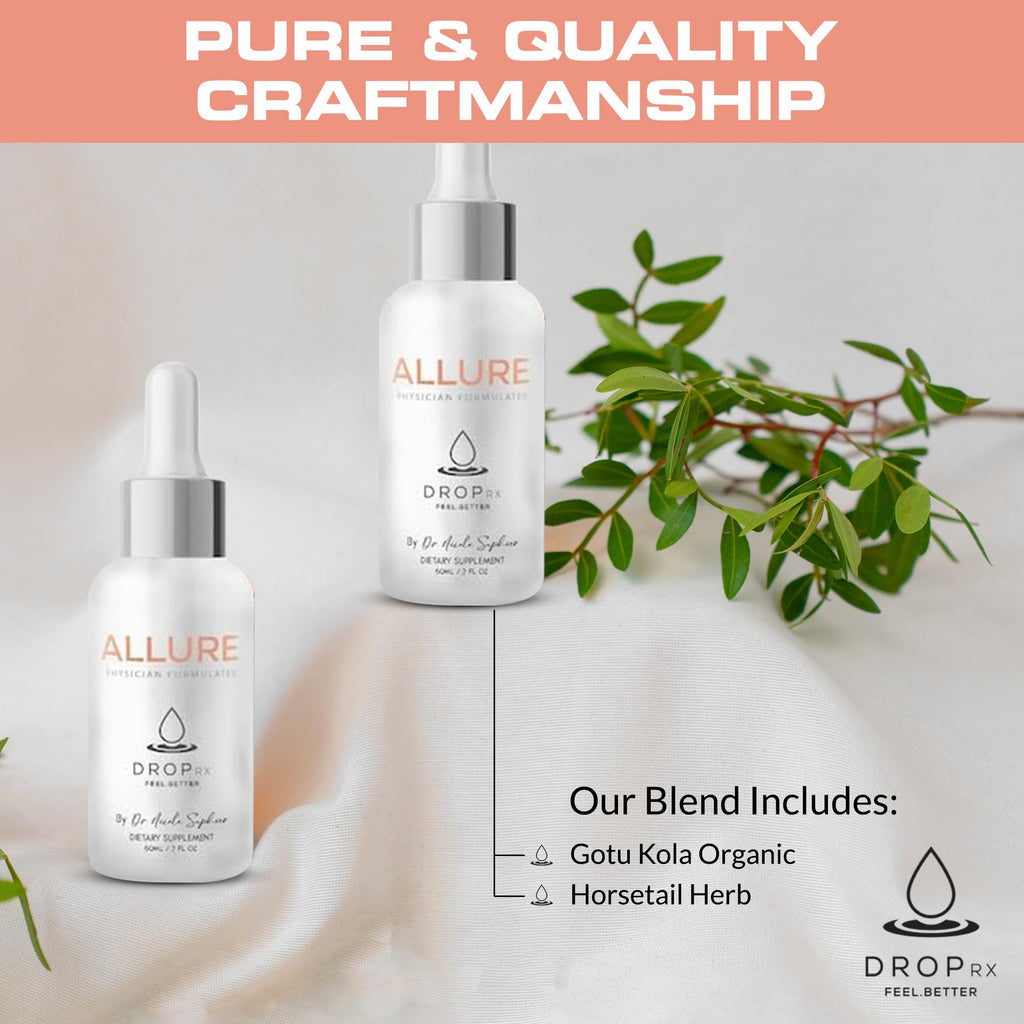 Drop Rx Allure premium packaging displaying Gotu Kola and Horsetail benefits.