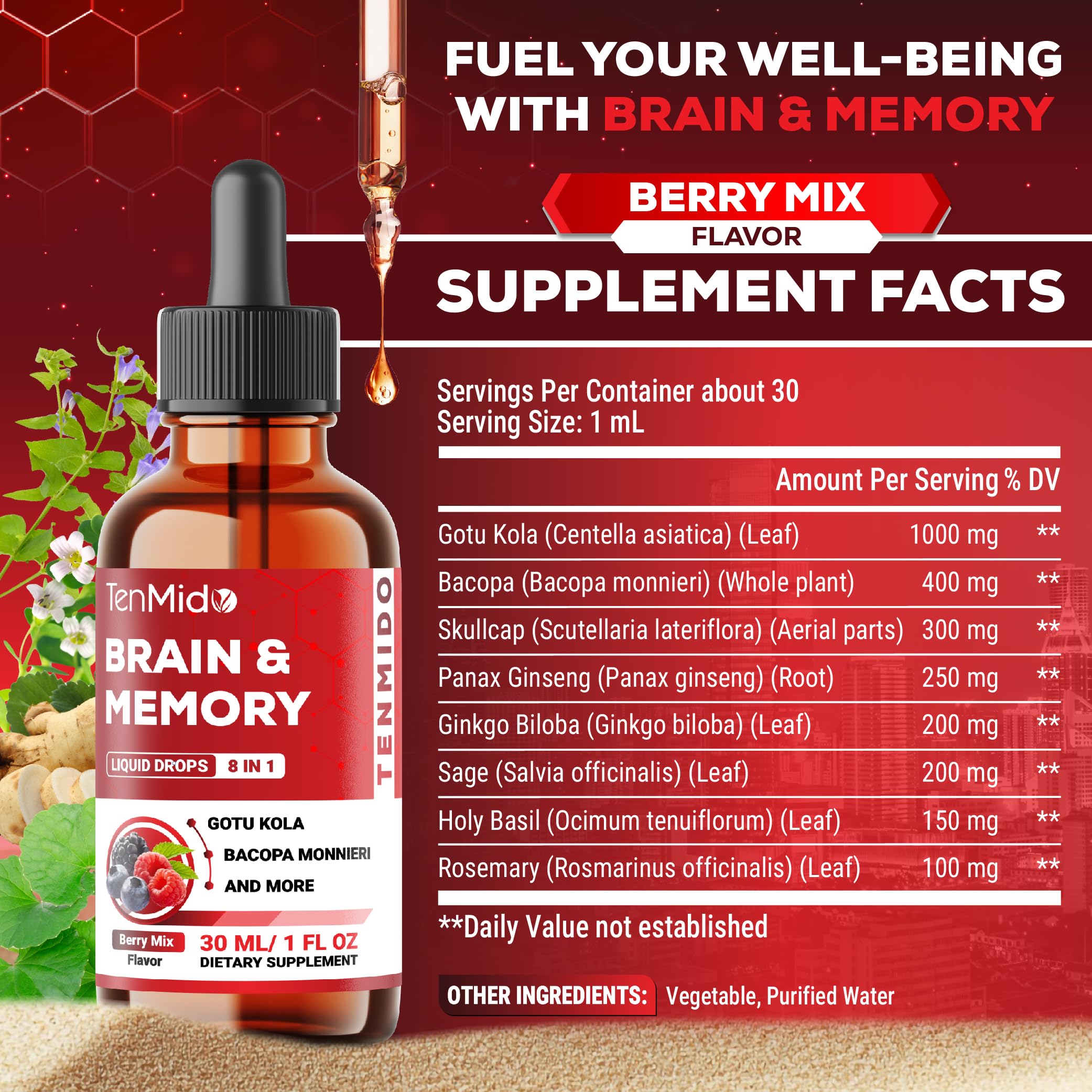Tenmido Brain and Memory dietary supplement liquid dropper bottle close up