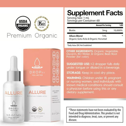 Drop Rx Allure liquid supplement bottle placed alongside natural green herbal leaves.