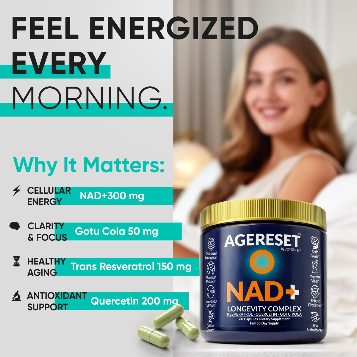 Vegan non GMO NAD plus capsules by JoysLife Labs close up view