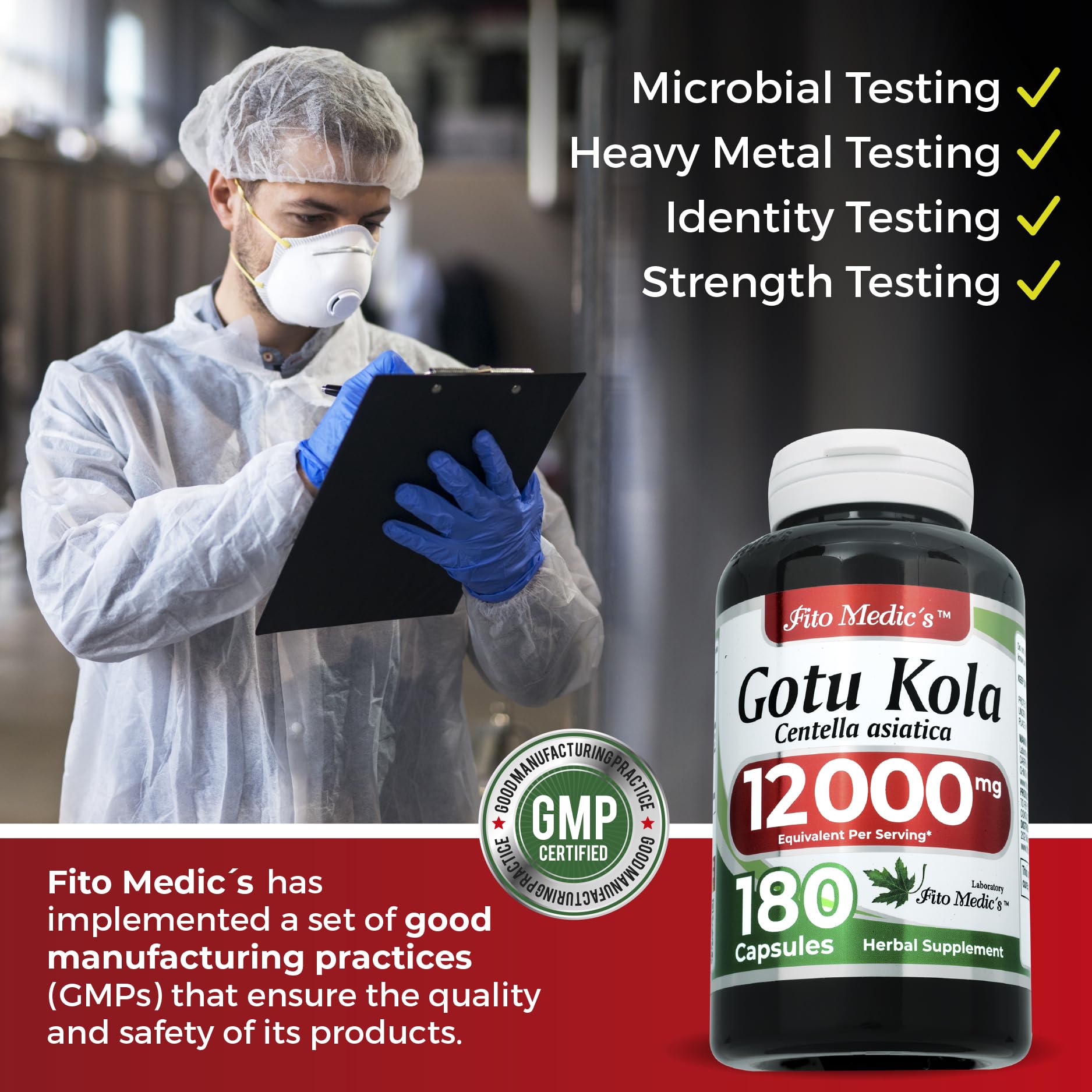 Fito Medics Lab herbal wellness supplement showing GMP certification seals.