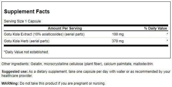 Authentic USA imported Swanson Centella Asiatica supplement bottle label showing vegan capsule details and ingredients.