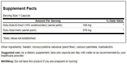 Authentic USA imported Swanson Centella Asiatica supplement bottle label showing vegan capsule details and ingredients.