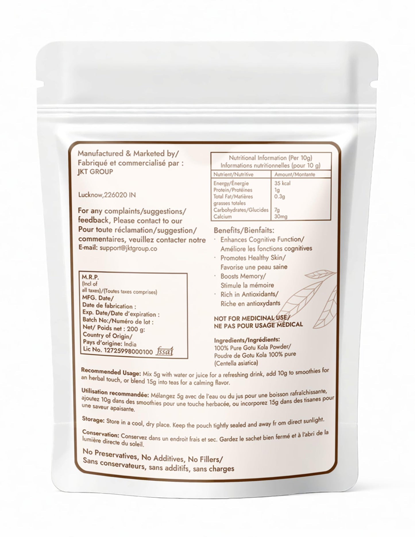 Organic Centella Asiatica leaf powder in a resealable pouch for memory support.