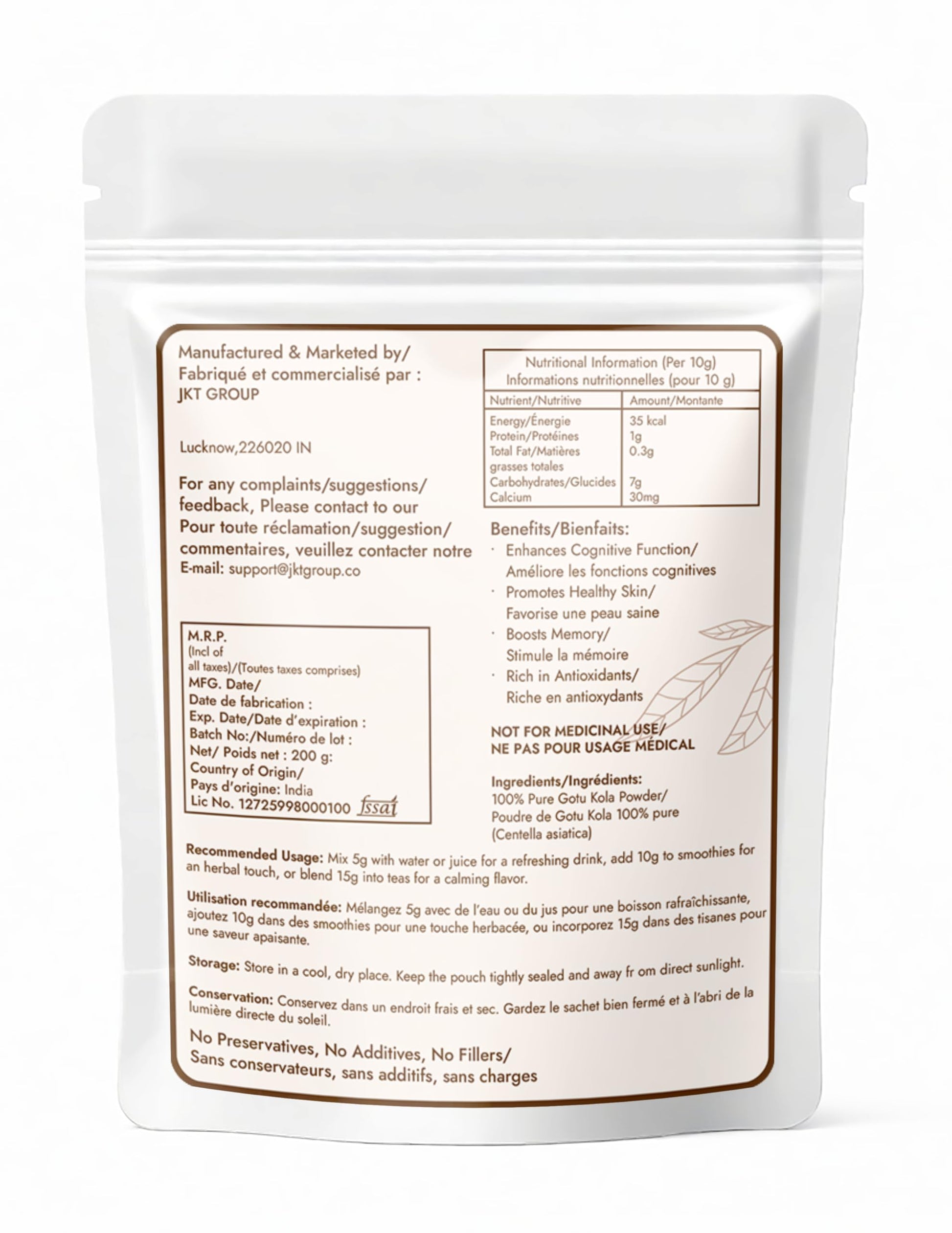 Organic Centella Asiatica leaf powder in a resealable pouch for memory support.