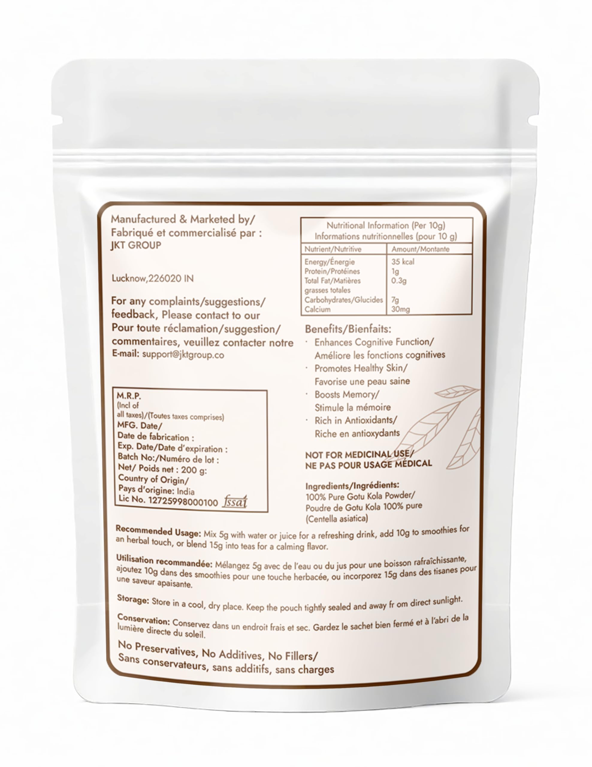 Organic Centella Asiatica leaf powder in a resealable pouch for memory support.