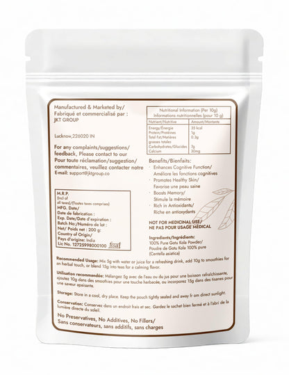 Organic Centella Asiatica leaf powder in a resealable pouch for memory support.